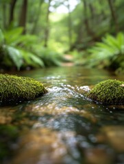 In a peaceful forest, rocks are located nearby a stream with a smooth flow of water