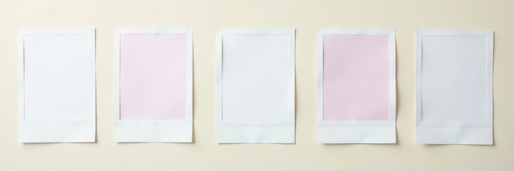 Blank white polaroid frames arranged in a line on a neutral background , composition, frame, texture