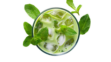 Obraz premium Overhead view of iced matcha latte in transparent glass with mint leaves, summer refreshment, PNG