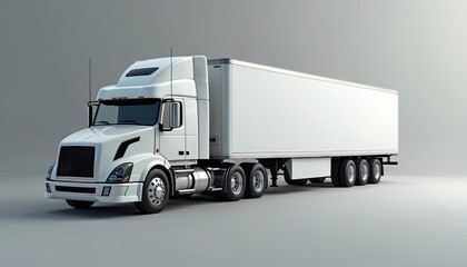White semi-trailer truck isolated on gray background. Refrigerated trailer for cargo delivery. Trucking transport freight industry. Commercial vehicle, logistics, business, export, import.