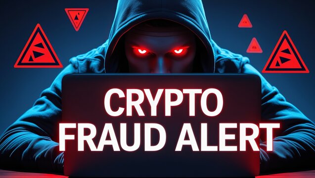 A masked figure with glowing eyes in a hoodie looks intently at a laptop displaying a 'Crypto Fraud Alert' message.