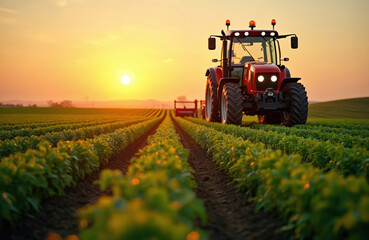 Agricultural tractor in cultivated field at sunset. Farming equipment harvesting crop, agricultural work, arable land. Golden hour light on modern farming technology, agribusiness, food production.