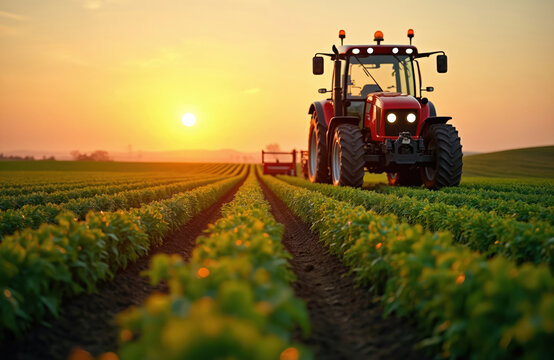 Fototapeta Agricultural tractor in cultivated field at sunset. Farming equipment harvesting crop, agricultural work, arable land. Golden hour light on modern farming technology, agribusiness, food production.
