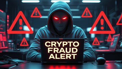 A hooded figure with glowing red eyes sits in a dark room, warning of crypto fraud with a computer displaying ominous alerts.