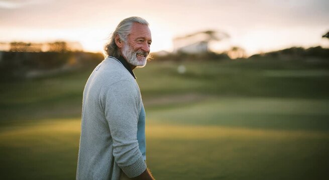 Smiling senior man playing golf on a sunny day, standing on green field with club, dressed in casual clothes and enjoying leisure time outdoors at golf course. - Powered by Adobe