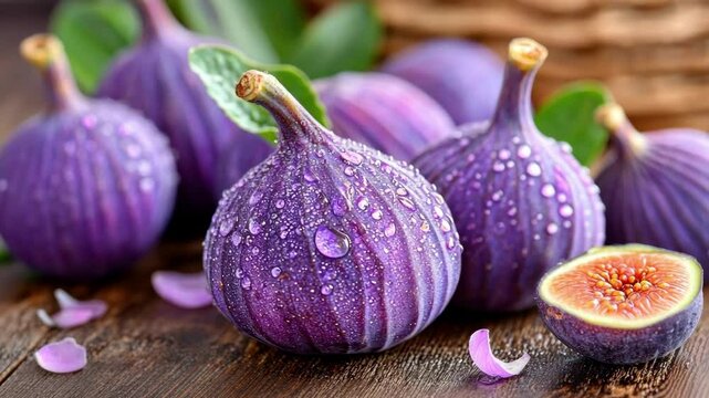 Fresh dew-covered purple figs on wooden table