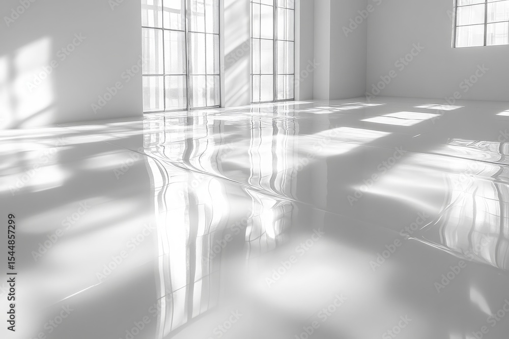 Aufkleber white serenity: sunlit room with polished floor reflecting window panes, creating abstract light pat