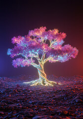 Neon Wire Tree Glowing Digital Artwork of a Twisted, Illuminated Tree