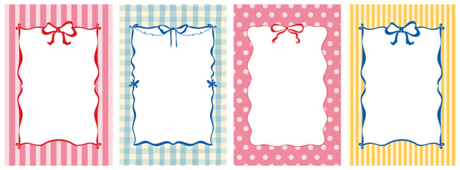 Coquette vintage hand-drawn frames with whimsical lines, bows, ribbons. summer vacation aesthetic. Colorful minimalist line borders, postage stamp . Vector template for poster, invitation, card.