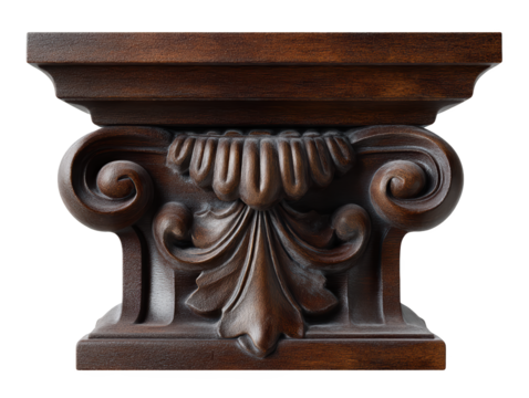 Decorative Wood Pedestal with Leaf Design on White Background