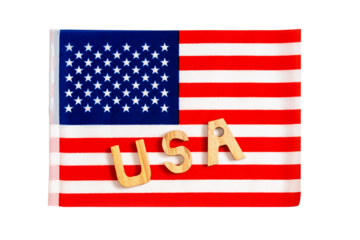 United States of America flag. US flag and wooden letters USA on transparent background.
