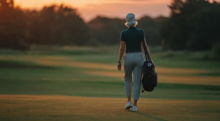 Confident senior woman with gray hair walking on a golf course at sunset, wearing a polo shirt and carrying a golf bag. Back view. Warm evening light.