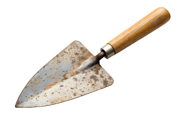 Antique trowel tool with wooden handle presented against a PNG background for gardening, trowel, gardening, tool, equipment, antique, vintage, rust, rusty, old, used, garden tool, landscaping, metal