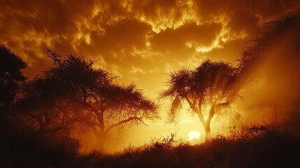 Obraz premium Fiery sunset over a savanna landscape