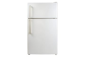 Clean white refrigerator isolated on PNG background representing home appliances and kitchen concepts, refrigerator, appliance, kitchen, home, white, isolated, black background, modern, cold, food s