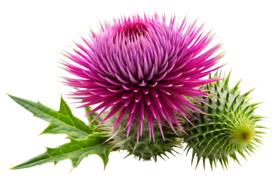Close up studio shot of a vibrant purple thistle flower against a PNG background, thistle, flower, purple, pink, bloom, blossom, nature, macro, close-up, floral, plant, botanical, prickly, spiky, gr