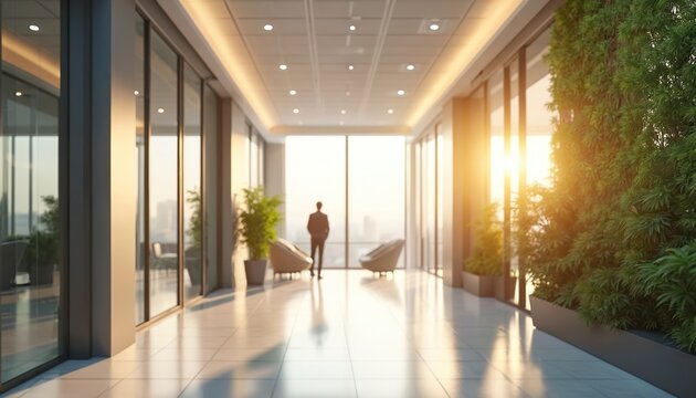 Modern office hallway with bright lighting, plants and cityscape view. Business person silhouette at window. Contemporary workspace design with open space, plants, teamwork and productivity. - Powered by Adobe