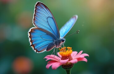 Close-up of butterfly sitting on pink flower. Blue wings, orange petals, green background. Spring, summer, nature beauty. Insect pollination, wildlife. Ideal for nature, floral, environment, eco