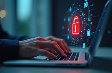 Person using laptop with cybersecurity protection. Digital padlock icon, data privacy concept. Internet security, online safety, data protection, information technology. Secure network connection.