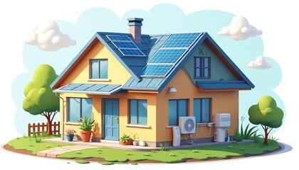 Fototapeta premium Home with solar panels on roof. Sustainable eco-friendly energy tech for saving money, reducing carbon footprint. Modern house, green tech design, smart home system illustration.