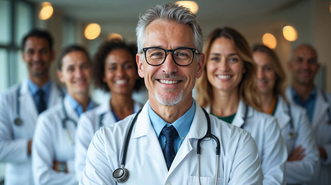 A confident, middle-aged doctor with a friendly smile stands in the foreground, wearing a white lab coat and a stethoscope around his neck.