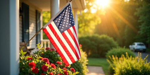 Fototapeta na wymiar American flag on house