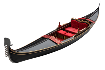 Elegant venetian gondola with luxurious red velvet interior isolated on PNG background, gondola, venetian, italy, venice, boat, canal, transportation, travel, tourism, watercraft, river, italian, lu