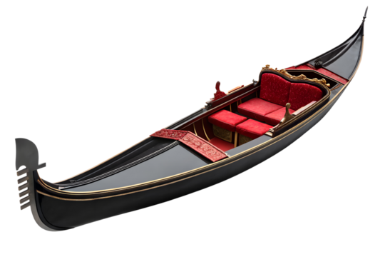 Elegant venetian gondola with luxurious red velvet interior isolated on PNG background, gondola, venetian, italy, venice, boat, canal, transportation, travel, tourism, watercraft, river, italian, lu