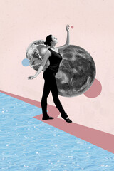 Pop image sketch 3d collage of happy girl guy stand moon earth relocation summer adventure relax...