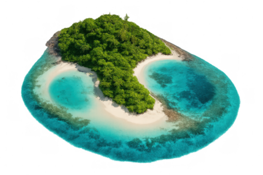 Pristine tropical island featuring verdant greenery, encircled by translucent turquoise waters, ideal for travel marketing and tourism design concepts