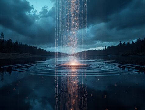 Stream of digital code falling into a lake and forming drives - Powered by Adobe