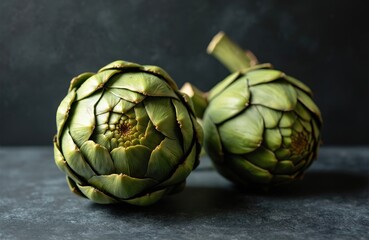 Fototapeta premium Close-up of fresh artichokes on dark gray background. Healthy organic vegetable, green leaves, raw ingredient for cooking. Vegetarian meal, nature, agriculture, nourishment. Focus on fresh food,