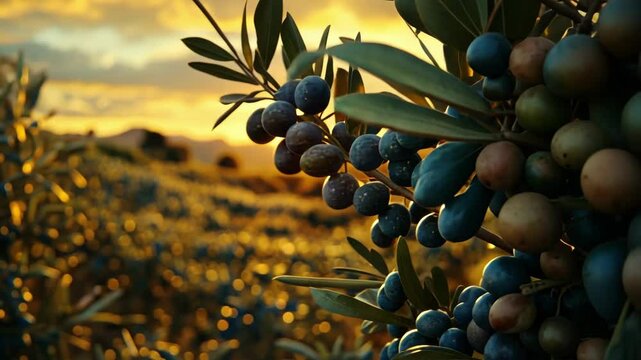 Scenic sunset over a lush olive grove with ripening olives