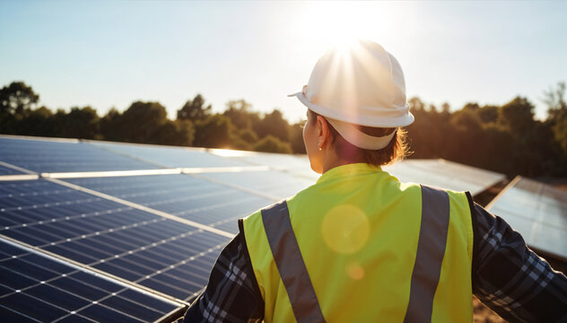 Smiling professional in safety gear stands proudly at solar panels. Renewable energy site worker on sunny day. Man wearing hardhat, vest promotes eco-friendly tech. Clean energy, innovation, power.