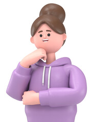 3D illustration of Asian girl Renae surrounded by question marks.Transparent Background Mockup.Supports PNG files with transparent backgrounds.