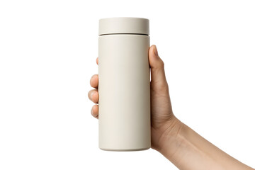 Hand holding a cream colored insulated water bottle against a PNG background, water bottle, reusable, insulated, thermos, hand, holding, beverage, drink, container, sustainable, eco friendly, hydrat