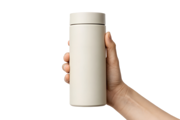Hand holding a cream colored insulated water bottle against a PNG background, water bottle, reusable, insulated, thermos, hand, holding, beverage, drink, container, sustainable, eco friendly, hydrat