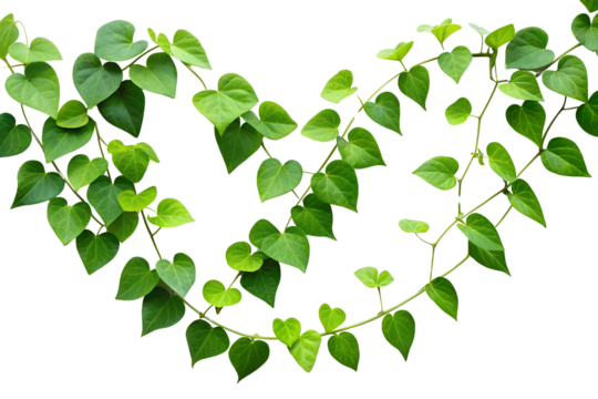 Lush green vine with heart shaped leaves isolated on solid PNG background, vine, heart-shaped leaves, green leaves, black background, nature, plant, botanical, foliage, close up, texture, isolated, 