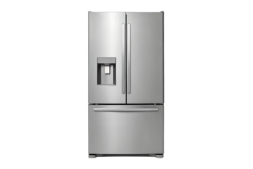Modern stainless steel french door refrigerator isolated on PNG background with details, refrigerator, fridge, appliance, kitchen, home, food, cold, storage, modern, stainless steel, french door, is