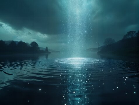 Stream of digital code falling into a lake and forming drives