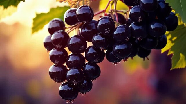Sunlit black currants on vine with warm background