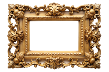 Ornate gold rectangular frame detailed with floral and scrollwork embellishments on PNG background, gold, frame, ornate, rectangular, blank, floral, scrollwork, decorative, antique, vintage, baroque