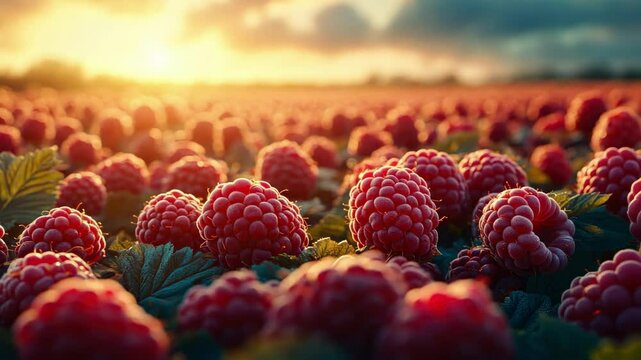 Sunset over lush raspberry field with vibrant red berries