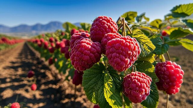 Vibrant raspberry field with ripe red berries under clear blue sky