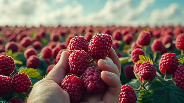 Hand holding ripe raspberries in a vast field under a cloudy sky