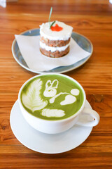 green tea or matcha green tea ,  matcha green tea latte and cake