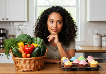Mixed race woman choosing vegetables or cupcake