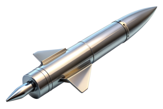Shiny metallic rocket isolated on PNG background ready for space exploration or mission, rocket, missile, space, metal, silver, chrome, shiny, aerospace, launch, flight, technology, futuristic, isol