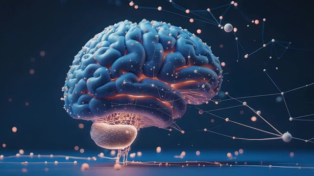 Glowing Blue Brain with Neural Connections and Sparkling Particles on Dark Surface