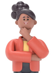 3D illustration of african american woman Coco, question, paragraph and bulb.Transparent Background Mockup.Supports PNG files with transparent backgrounds.